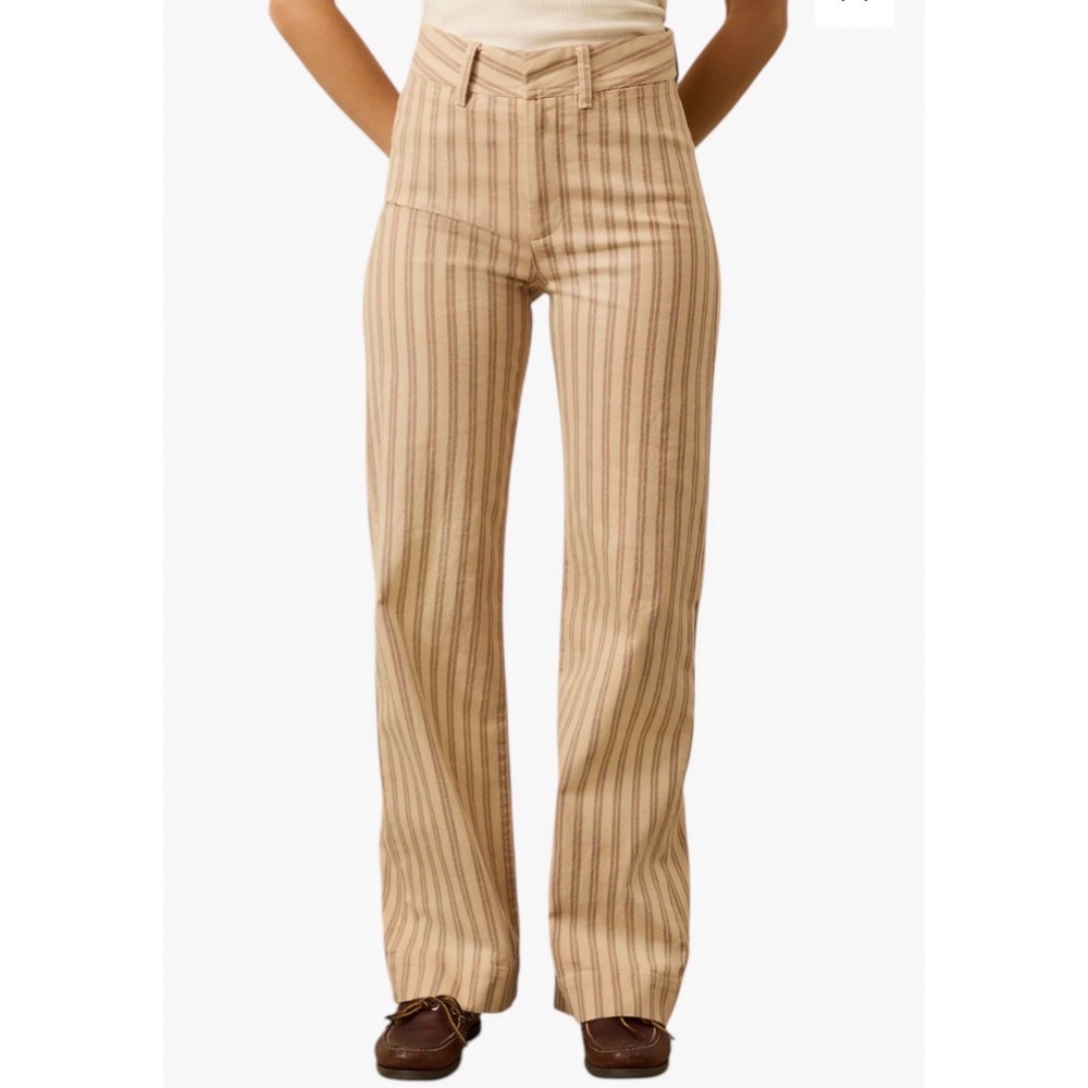 Faherty Women Striped Wide Leg Organic Cotton Trousers Beige Brown Size 26
